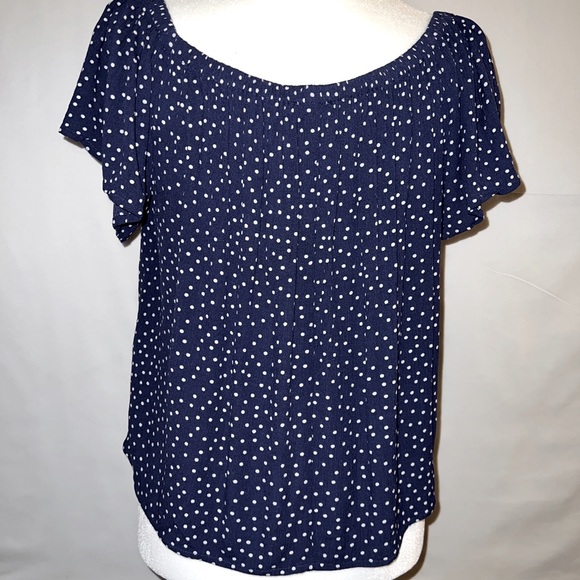 Express Off the Shoulder Blouse -Navy Blue with White Polka Dots Size: Medium - Picture 2 of 9